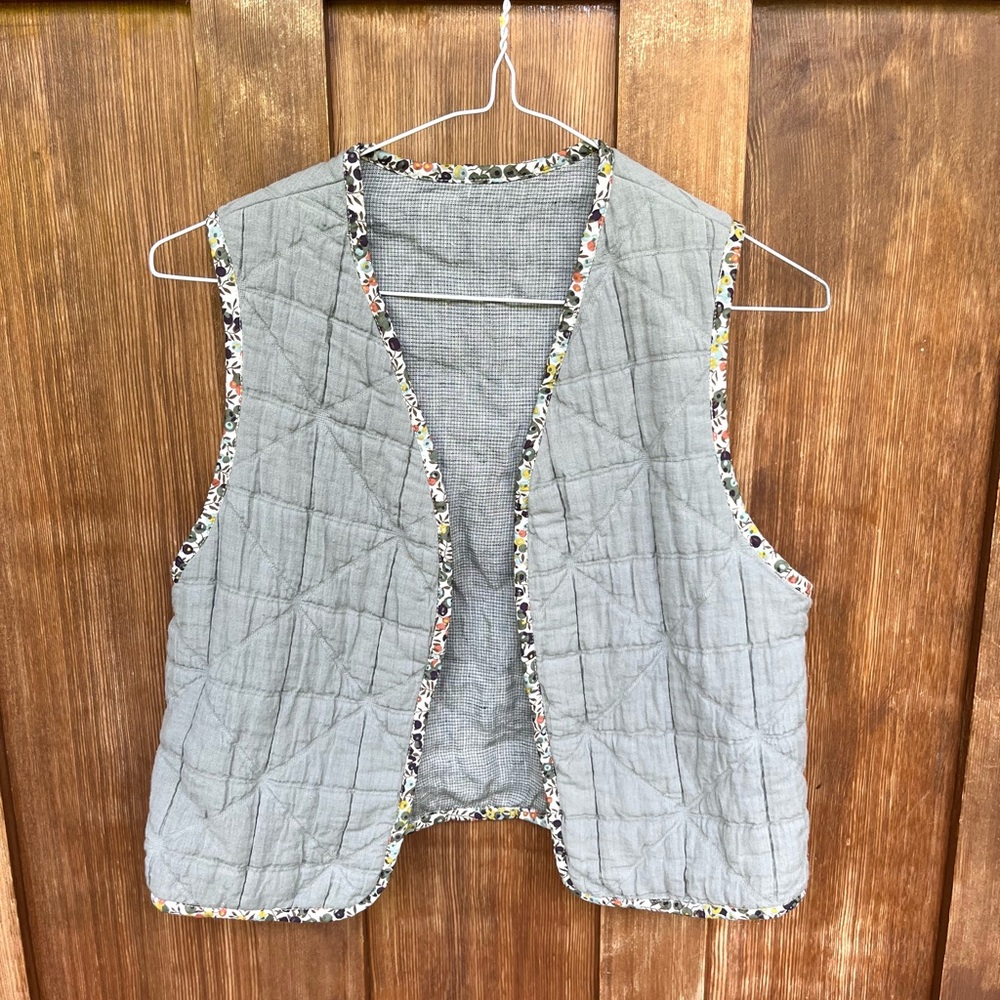 HANDMADE quilted cotton jacquard vest with Liberty of London trim